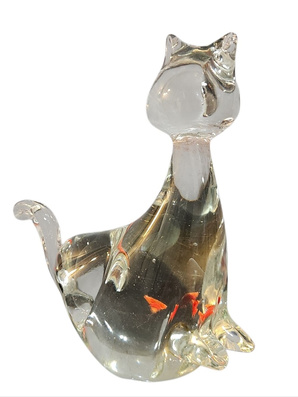 MCM Glass Cat with Orange Fish in Belly Vintage 6.5 inches Tall Paperweight - Picture 5 of 8